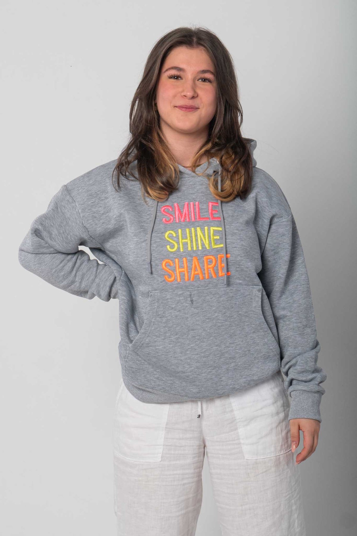 Hoodie/Sweatshirt "Smile - Shine - Share" - Grau/Neon