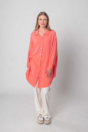 Musselin Bluse Oversized mit Knopfleiste - Koralle