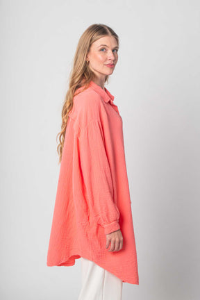 Musselin Bluse Oversized mit Knopfleiste - Koralle
