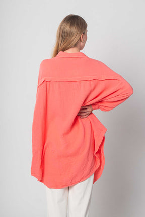 Musselin Bluse Oversized mit Knopfleiste - Koralle