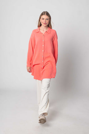 Musselin Bluse Oversized mit Knopfleiste - Koralle