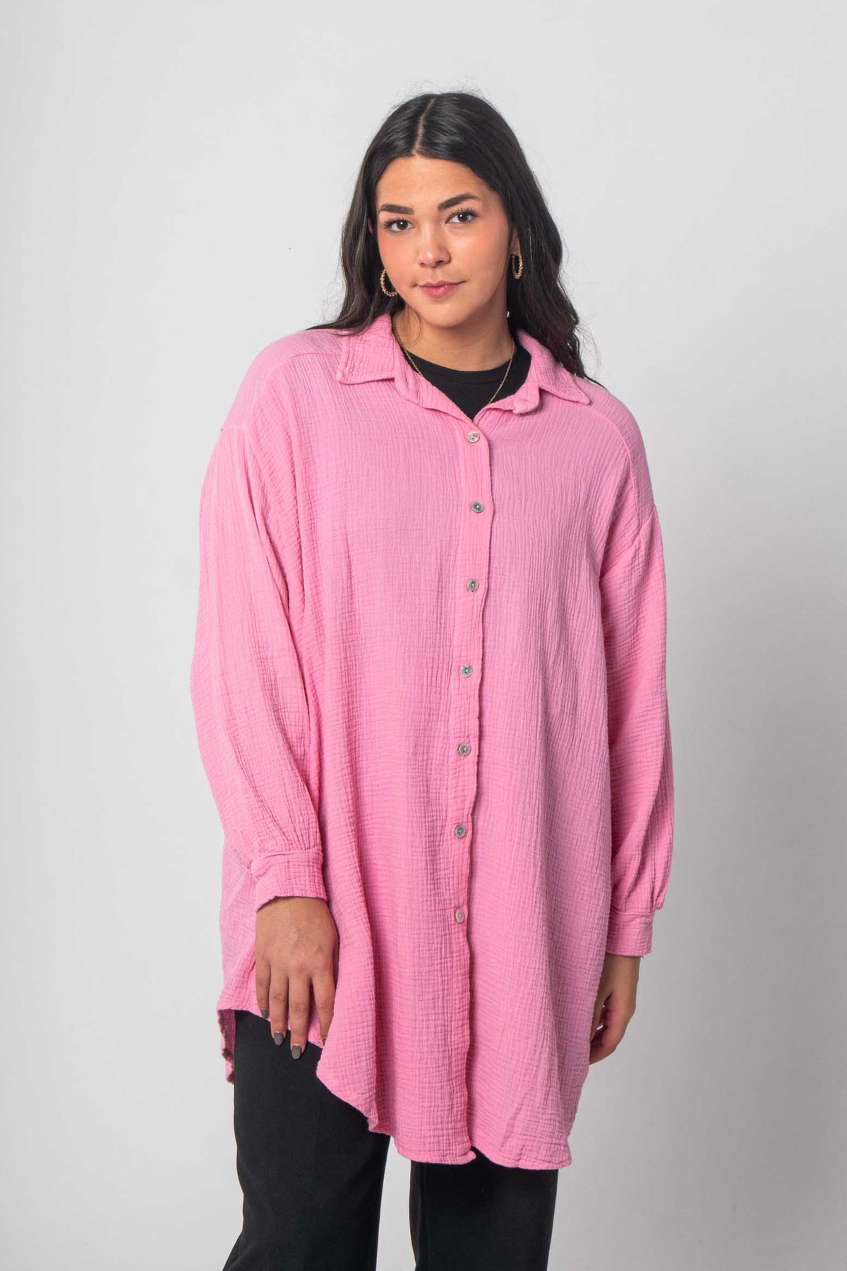 Musselin Bluse Oversized mit Knopfleiste - Pink