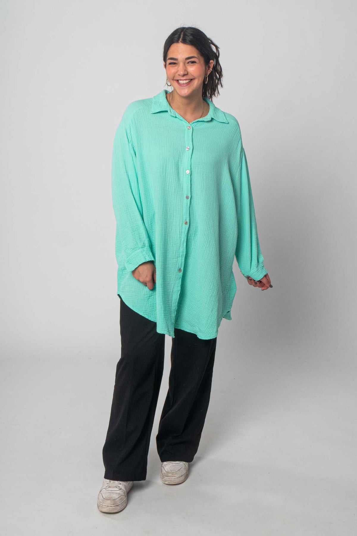 Musselin Bluse Oversized mit Knopfleiste - Türkis/Mint