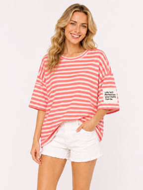 Flair - Streifen T-Shirt "Life isnt perfect but your Outfit can be" - Koralle
