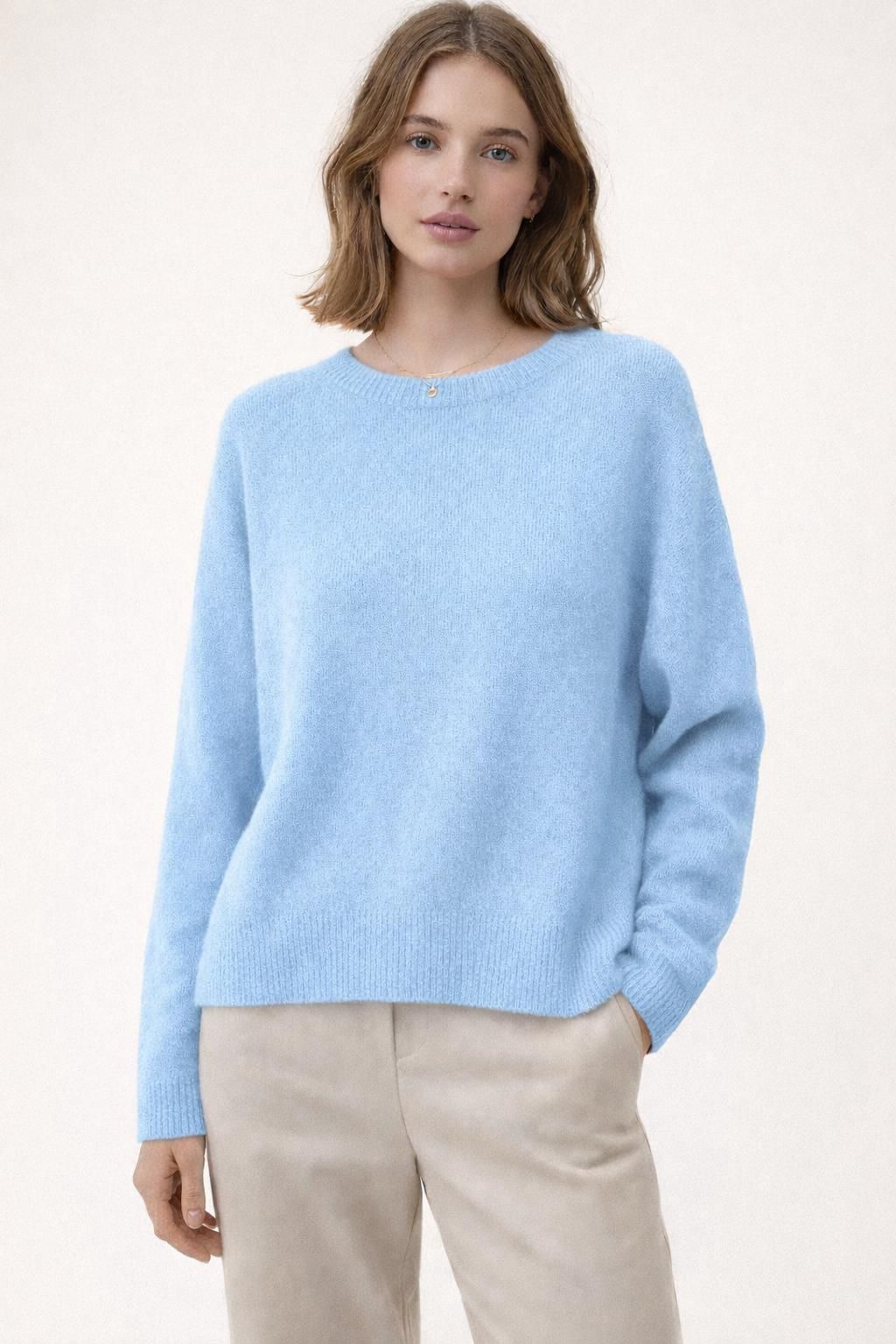 Weicher Alpaka Rundhals Pullover - Hellblau
