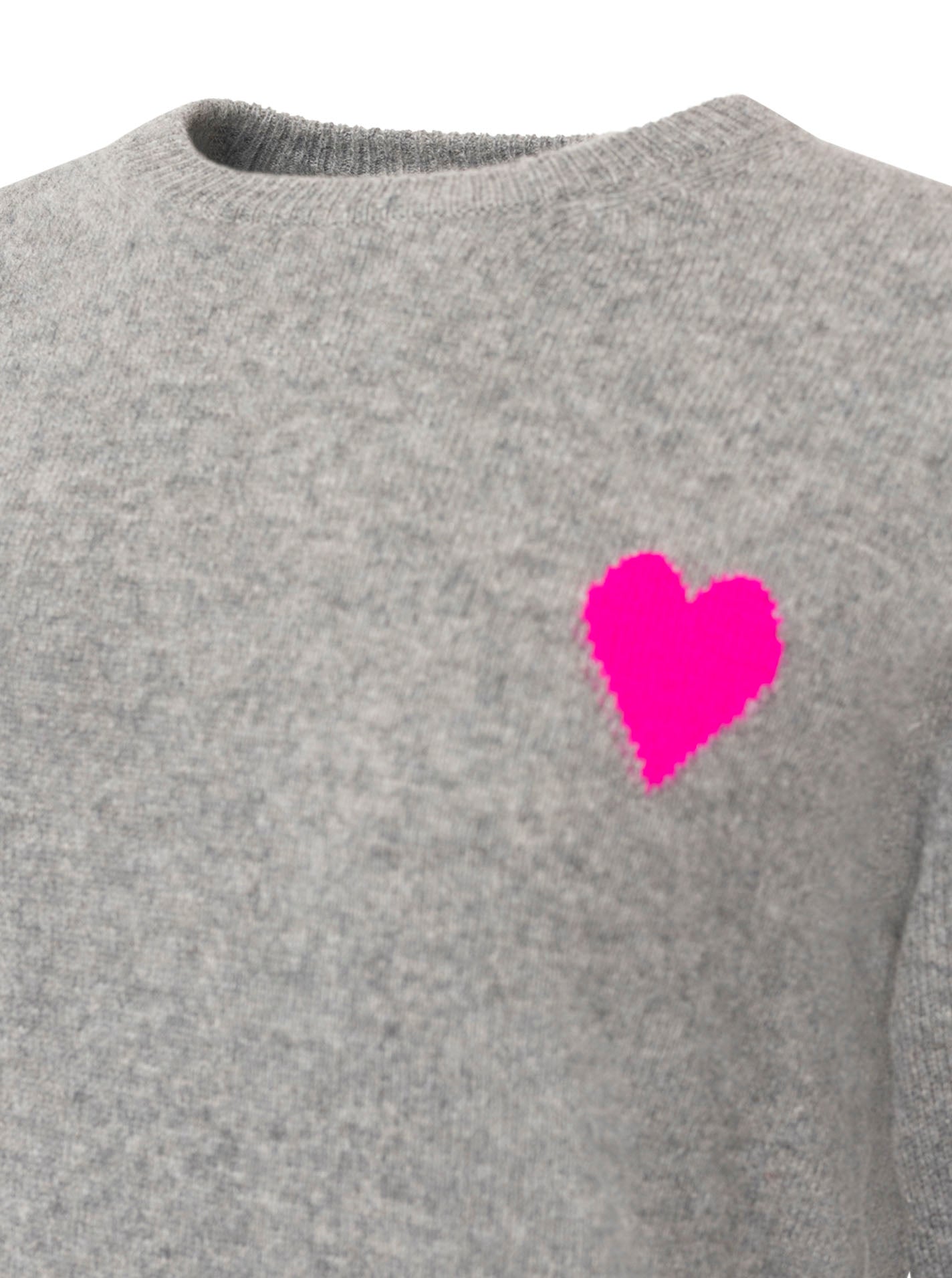 Zwillingsherz 100% Kaschmir / Cashmere Pullover Herzchen - Mittelgrau/Neonpink