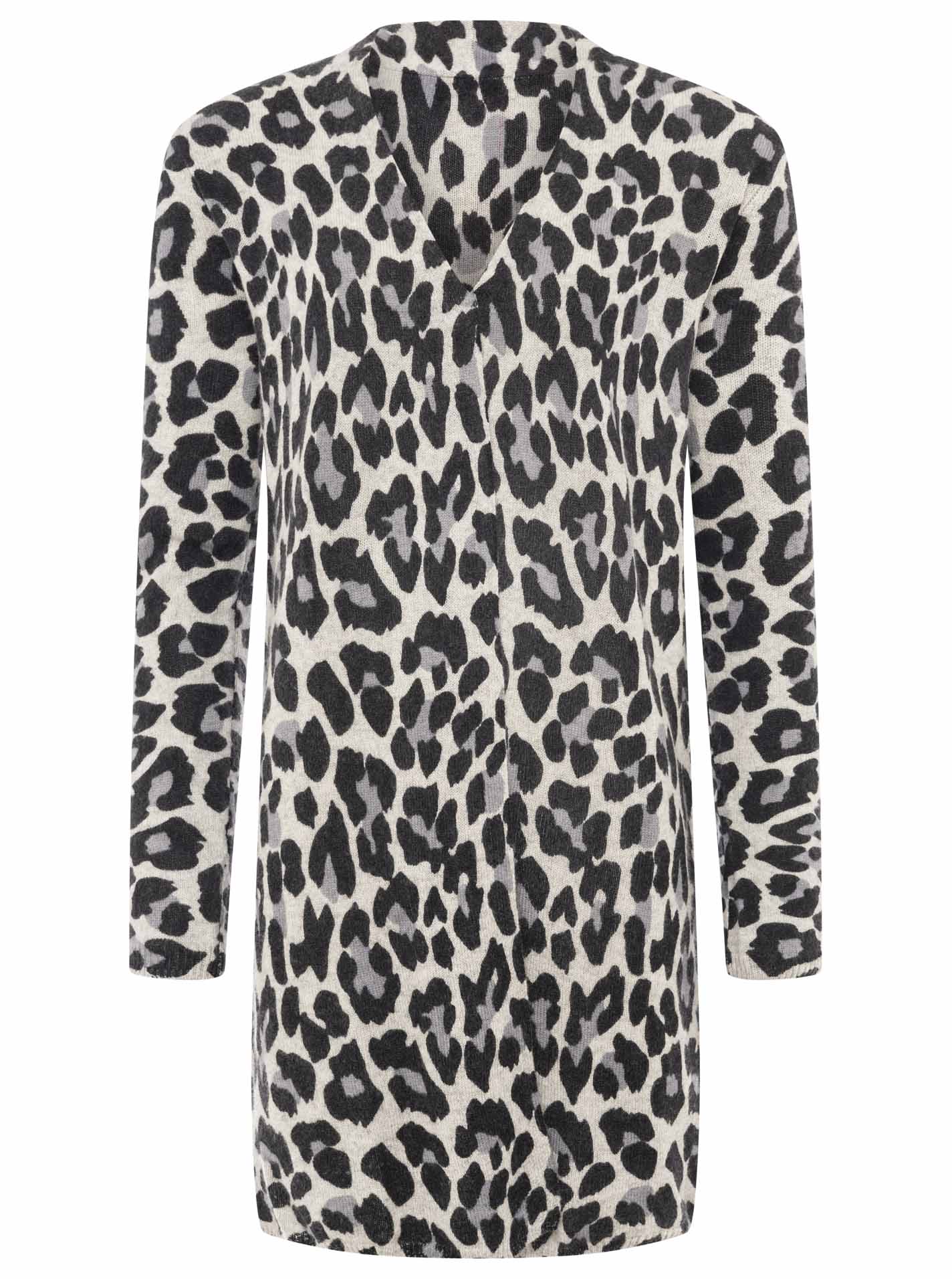 Damen lange Leopard Kaschmir-Strickjacke Grau von Zwillingsherz – Vorderansicht