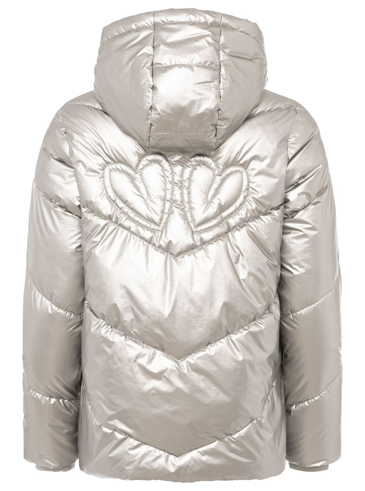 Zwillingsherz Steppjacke mit Kapuze in Metallic-Grau – Rückansicht mit großem Love-Motiv