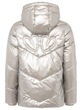 Zwillingsherz Steppjacke mit Kapuze in Metallic-Grau – Rückansicht mit großem Love-Motiv