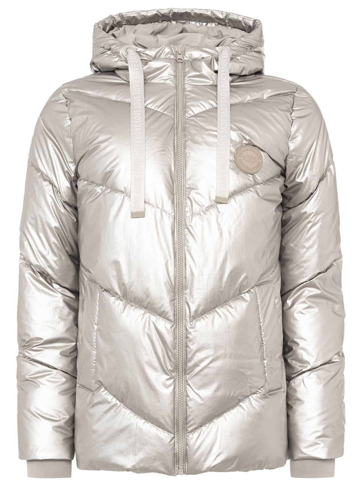 Zwillingsherz Steppjacke mit Kapuze in Metallic-Grau – Vorderansicht mit Love-Motiv und seitlichen Taschen