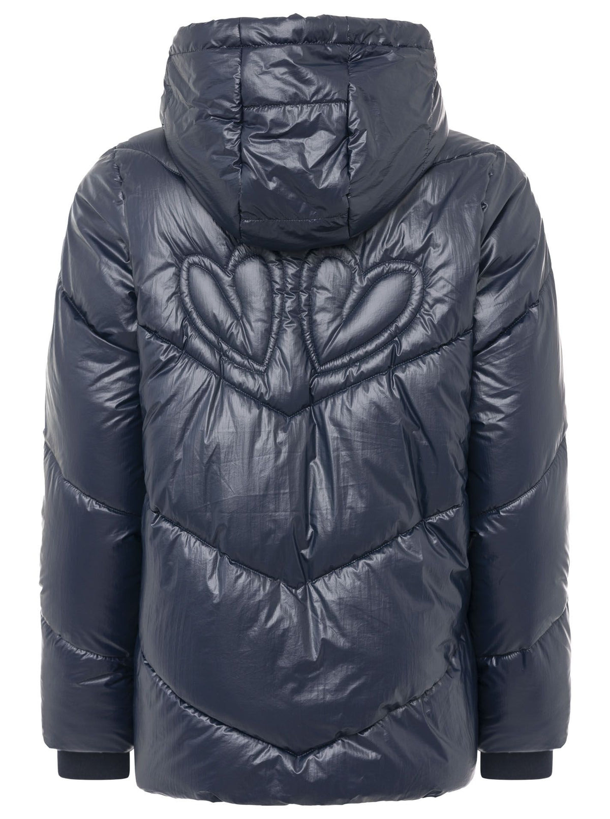 Zwillingsherz Steppjacke mit Kapuze in Metallic-Marine – Rückansicht mit großem Love-Motiv