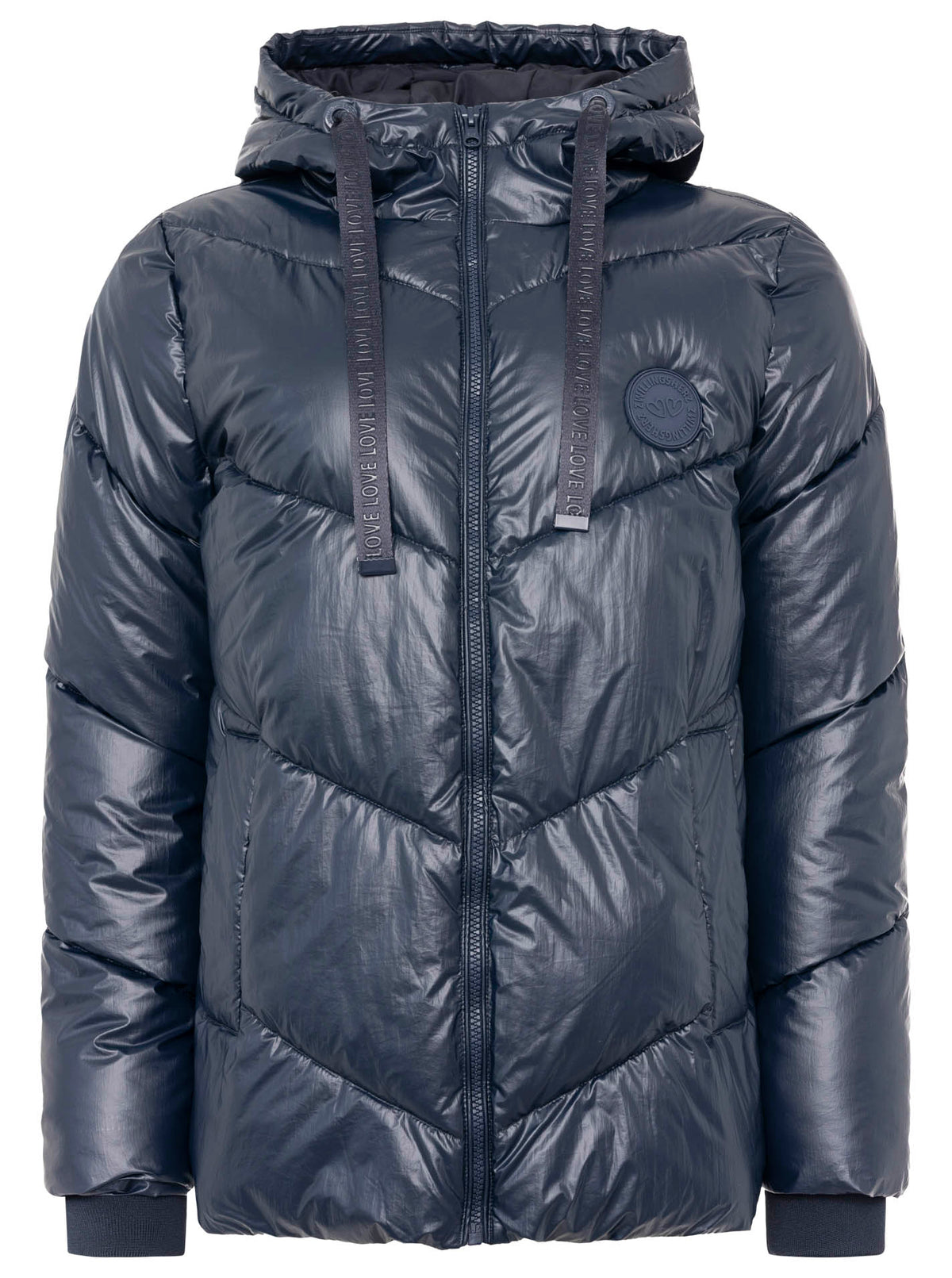 Zwillingsherz Steppjacke mit Kapuze in Metallic-Marine – Vorderansicht mit Love-Motiv und seitlichen Taschen
