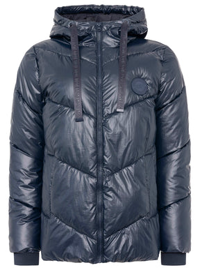 Zwillingsherz Steppjacke mit Kapuze in Metallic-Marine – Vorderansicht mit Love-Motiv und seitlichen Taschen