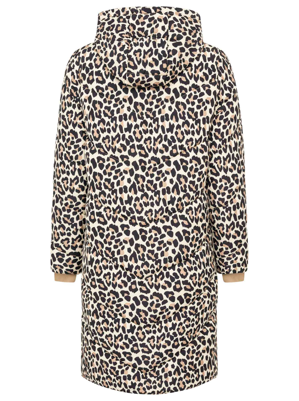 Zwillingsherz Steppmantel Allover Leopard in Beige-Schwarz – Rückansicht