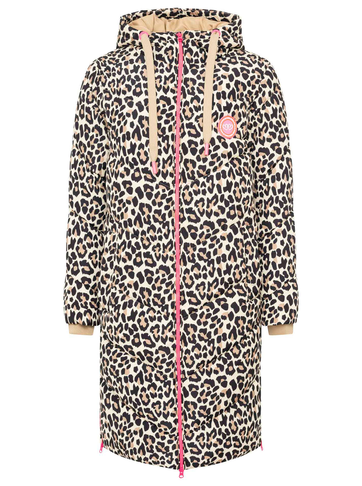 Zwillingsherz Steppmantel Allover Leopard in Beige-Schwarz – Vorderansicht