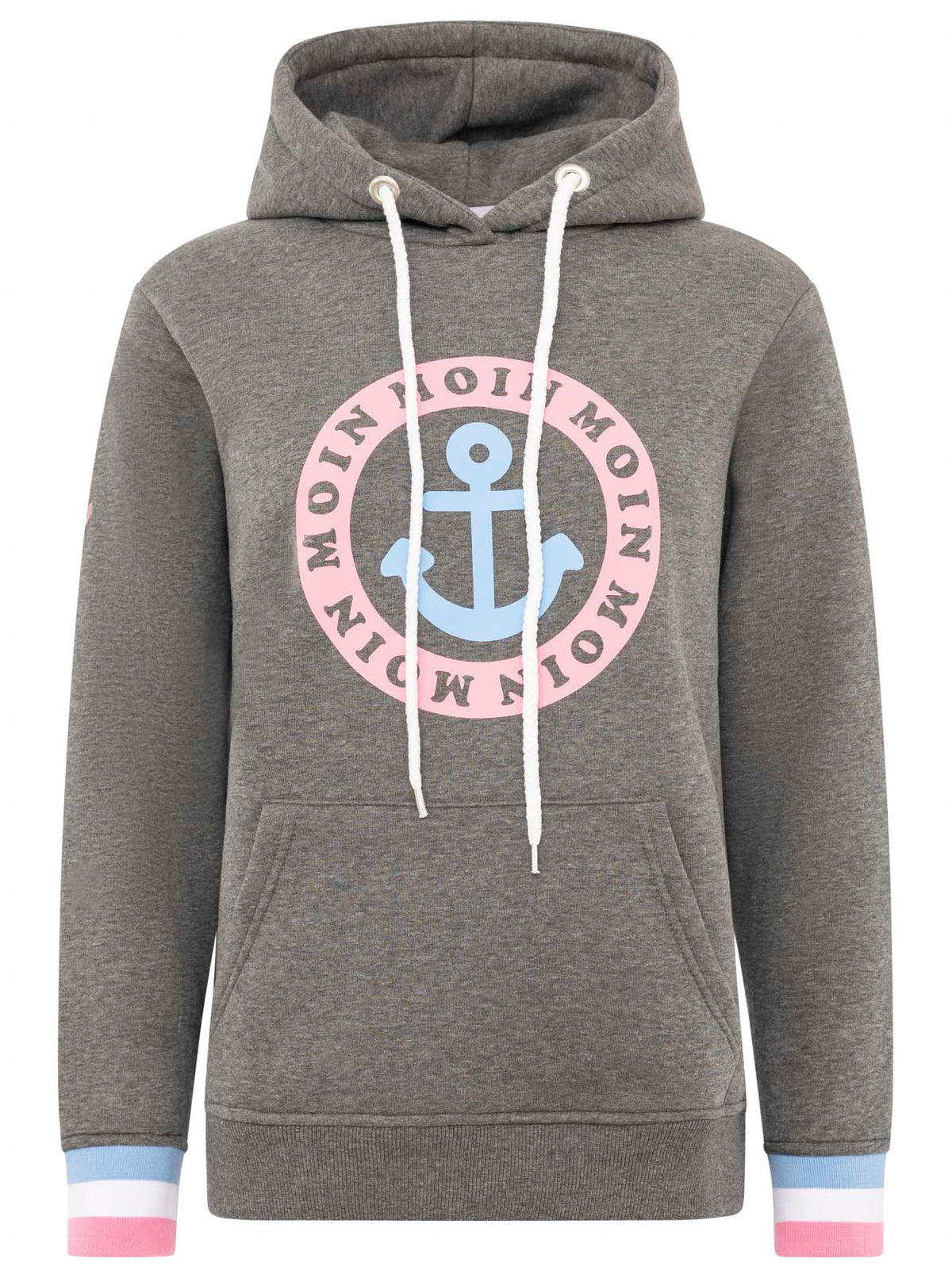Zwillingsherz Hoodie Damen – Moin Anker Bailey Kapuzenpullover Grau Pink, maritimer Style, Vorderansicht