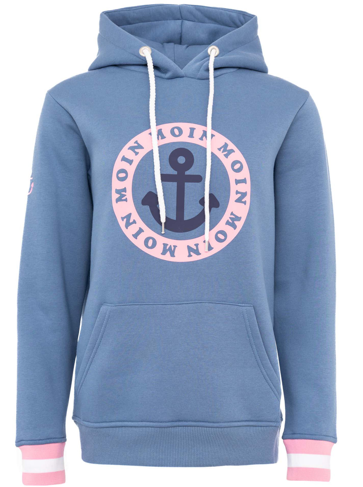 Zwillingsherz Damen Hoodie Moin Anker Bailey – Kapuzenpullover in Jeansblau mit pinkem Anker, Vorderansicht