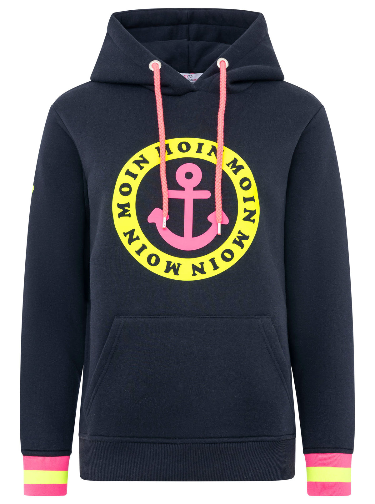 Zwillingsherz Damen Hoodie ‚Moin Anker Bailey‘ – Kapuzenpullover in Navy mit neongelben Details, Vorderansicht