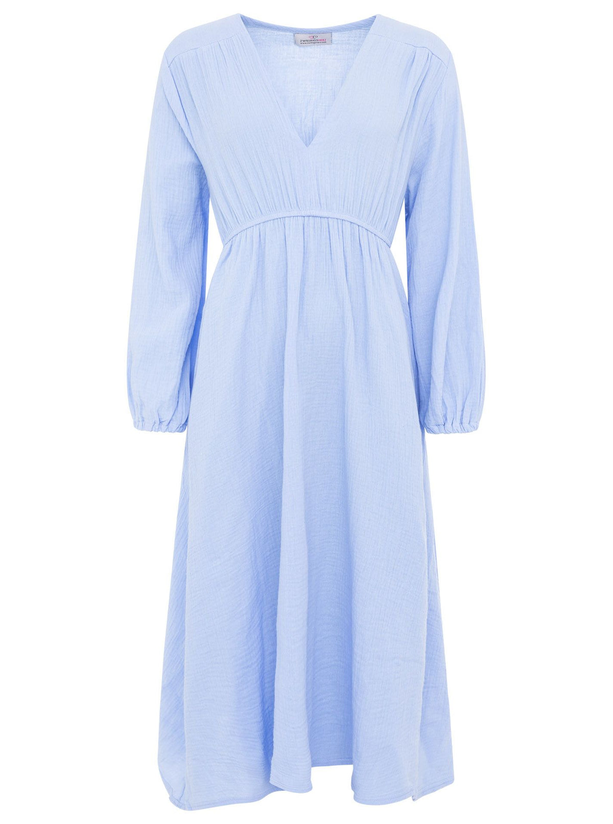 Zwillingsherz Musselin Kleid in Hellblau mit V-Ausschnitt – langes, luftiges Kleid aus Musselin-Stoff für einen leichten, frischen Sommerlook