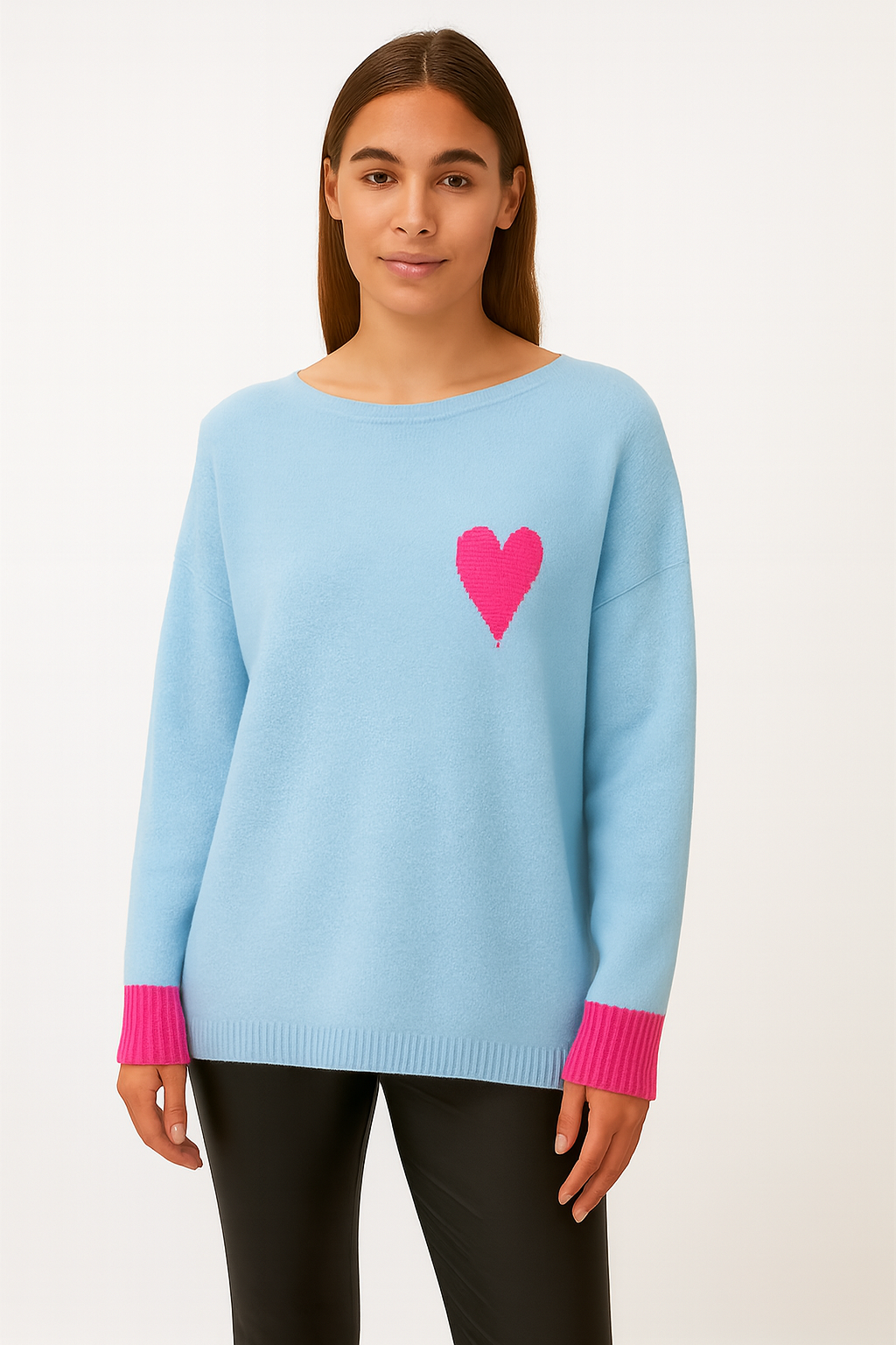 Strick-Pullover Wolle mit "Herz" - Hellblau/Pink