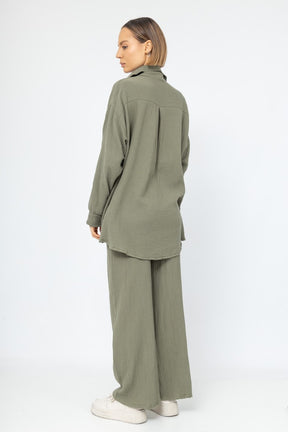Musselin Zweiteiler (Bluse mit Hose) - Khaki