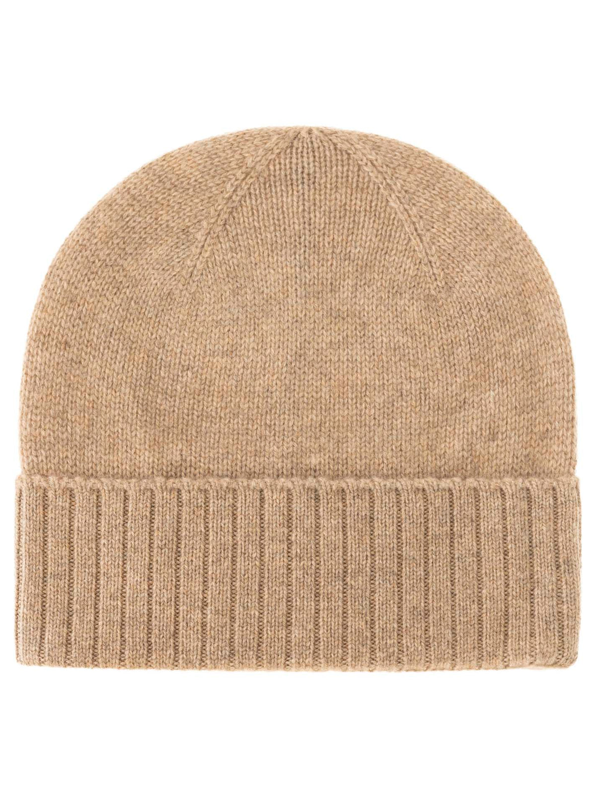 Zwillingsherz 100% Kaschmir-Mütze in Mittelbeige mit geripptem Umschlag – weich und wärmend