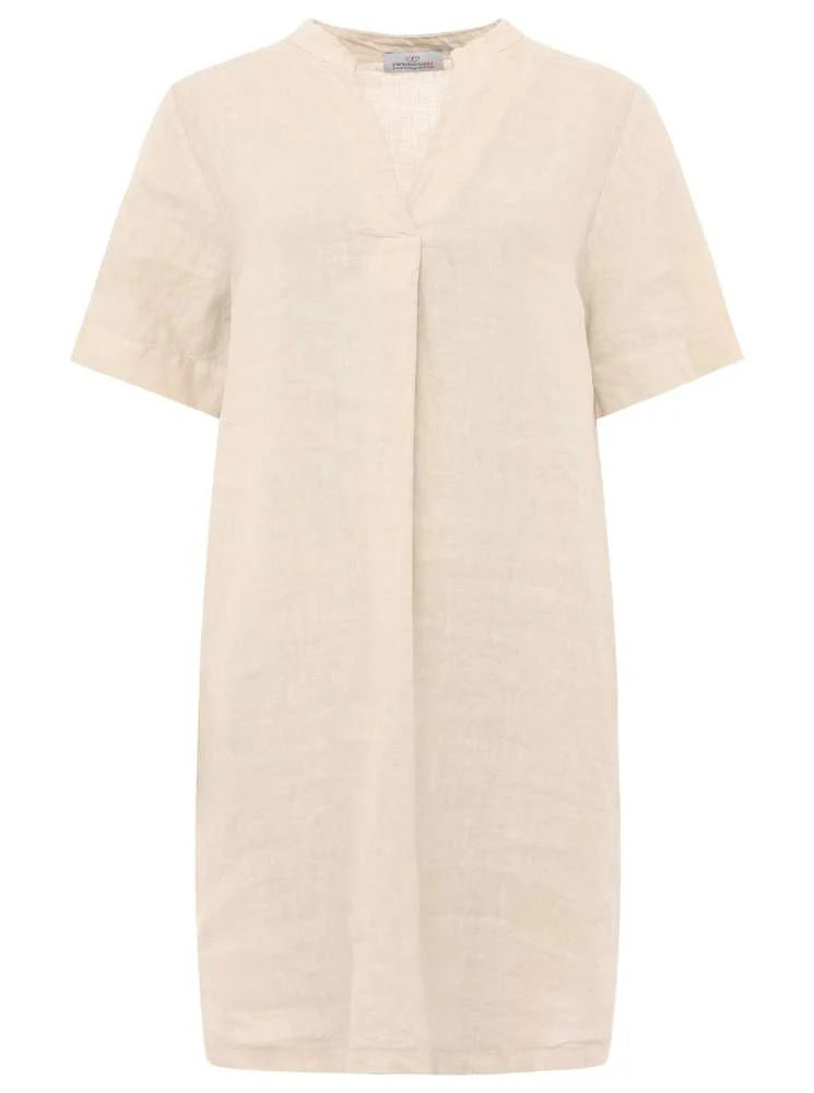 Zwillingsherz Tunika Kleid 100 % Leinen "V-Ausschnitt" Beige