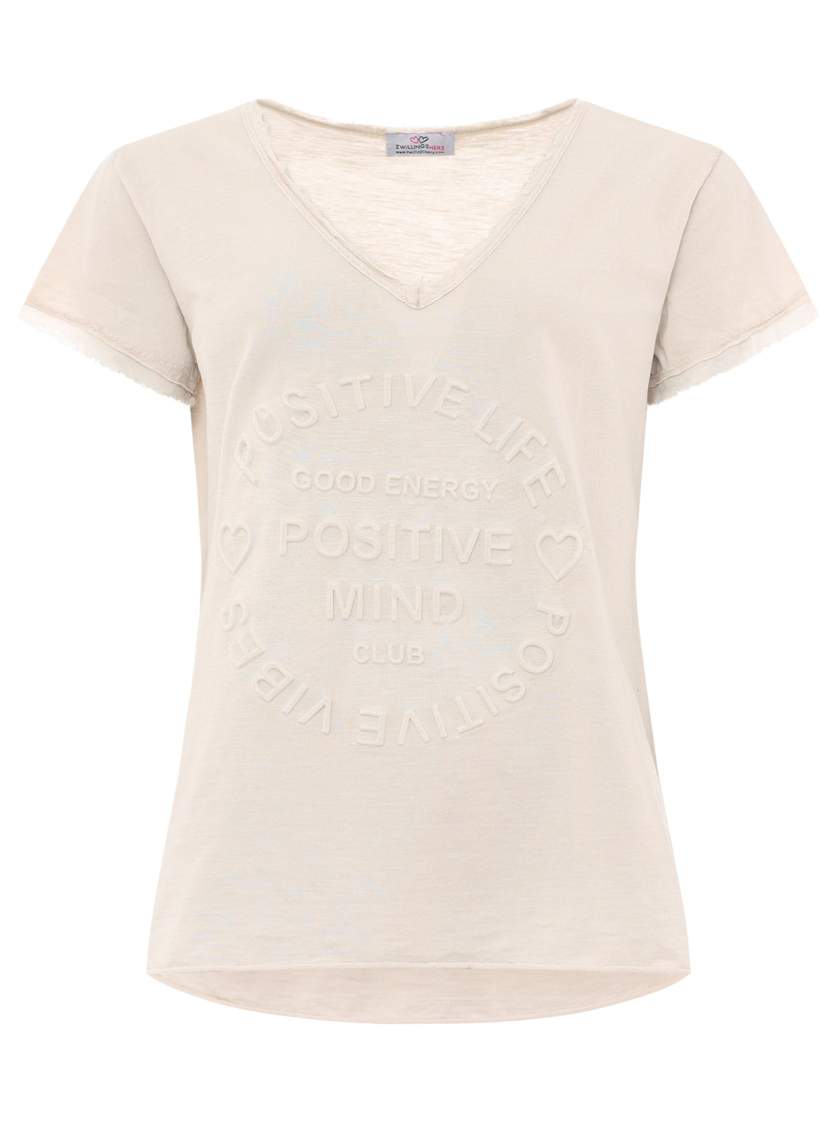 Zwillingsherz Damen T-Shirt mit beigem Schriftzug ‚Positive Mind‘, Vorderansicht