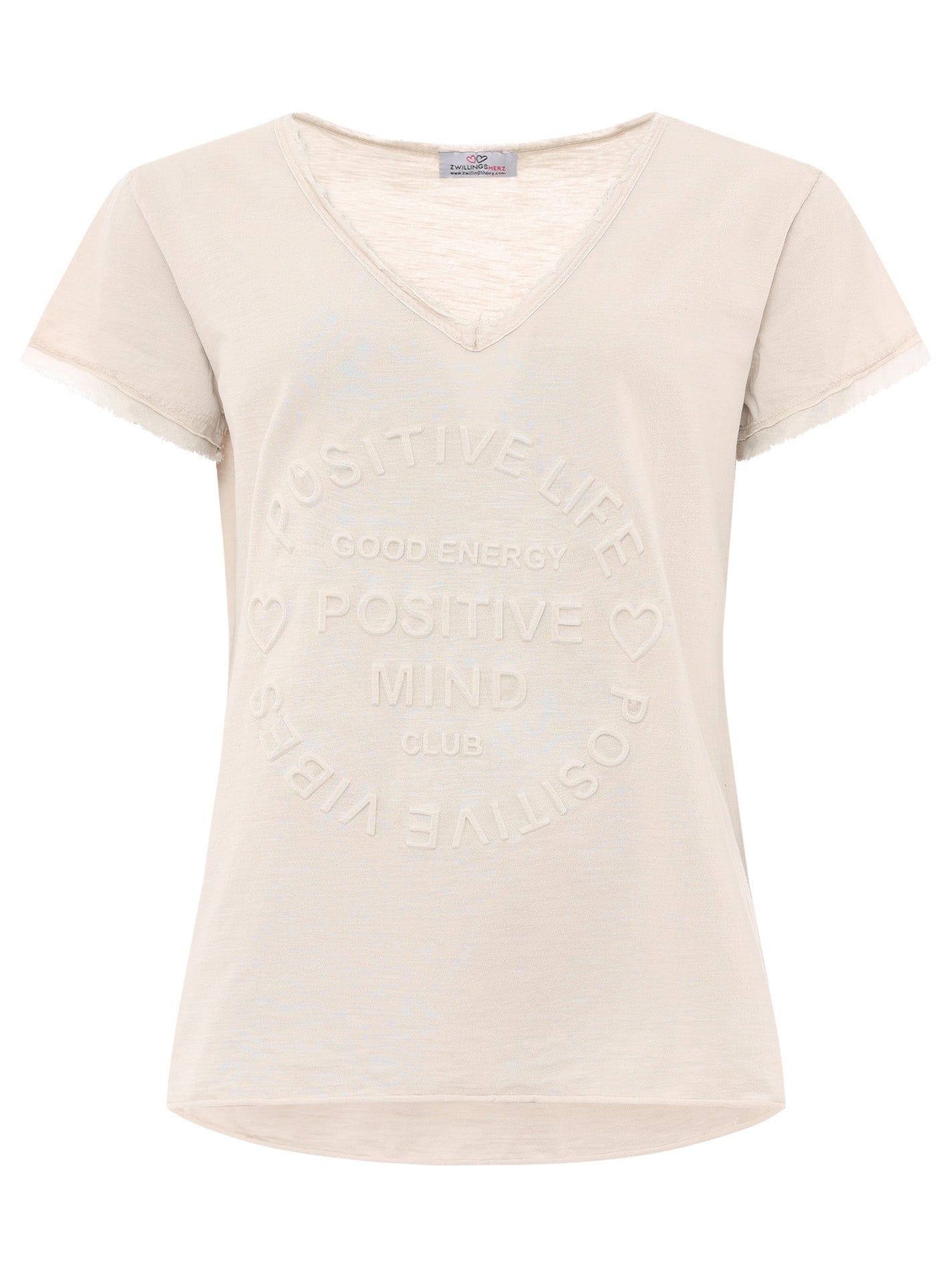 Zwillingsherz Damen T-Shirt mit beigem Schriftzug ‚Positive Mind‘, Vorderansicht