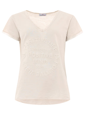 Zwillingsherz Damen T-Shirt mit beigem Schriftzug ‚Positive Mind‘, Vorderansicht