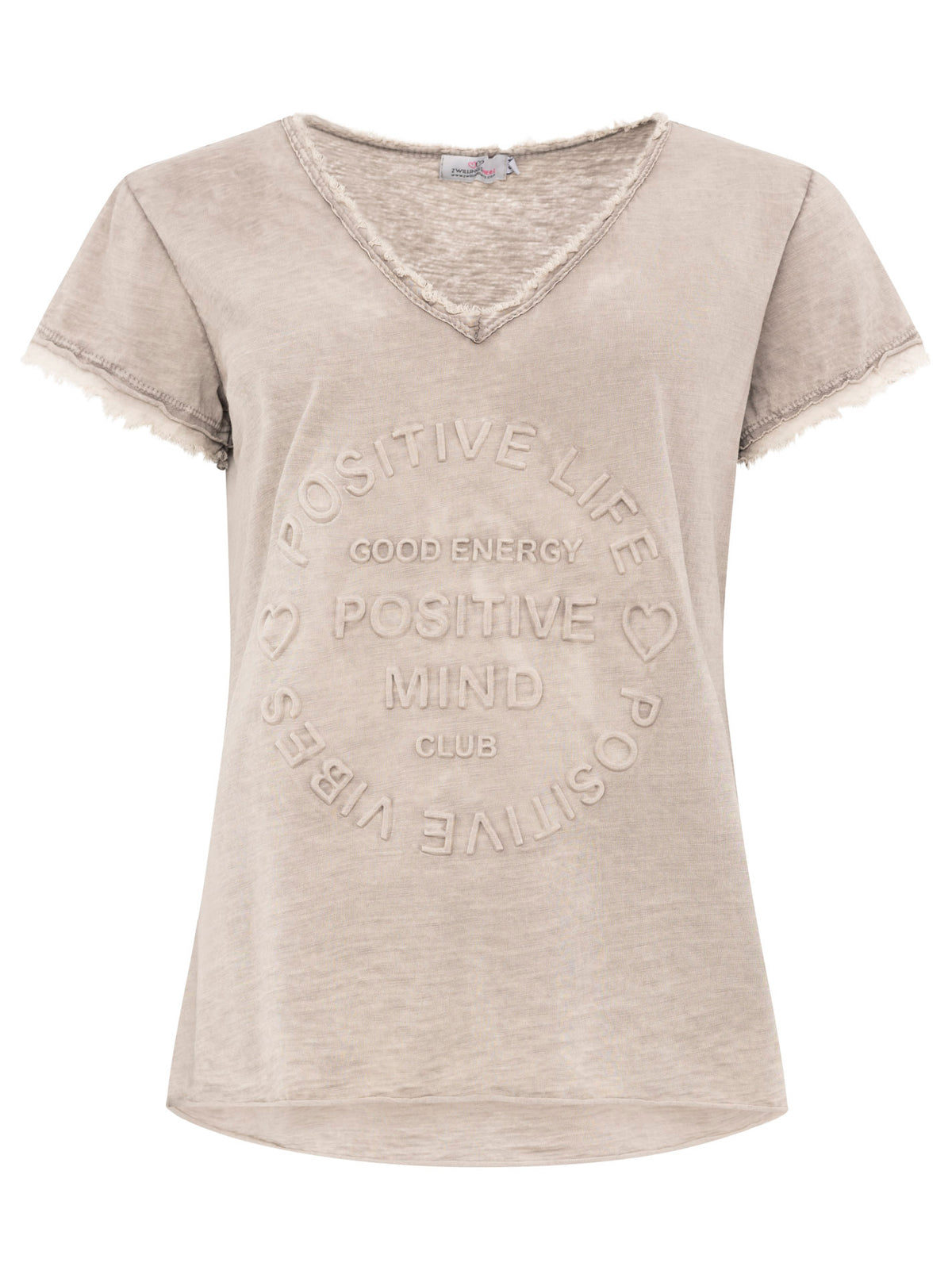 Zwillingsherz Damen T-Shirt mit beigem Schriftzug ‚Positive Mind‘, Taupe, Vorderansicht
