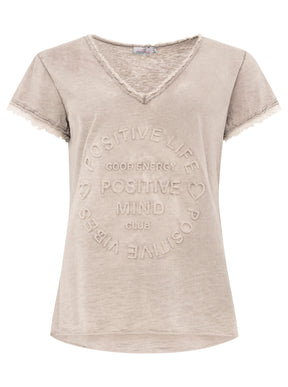Zwillingsherz Damen T-Shirt mit beigem Schriftzug ‚Positive Mind‘, Taupe, Vorderansicht