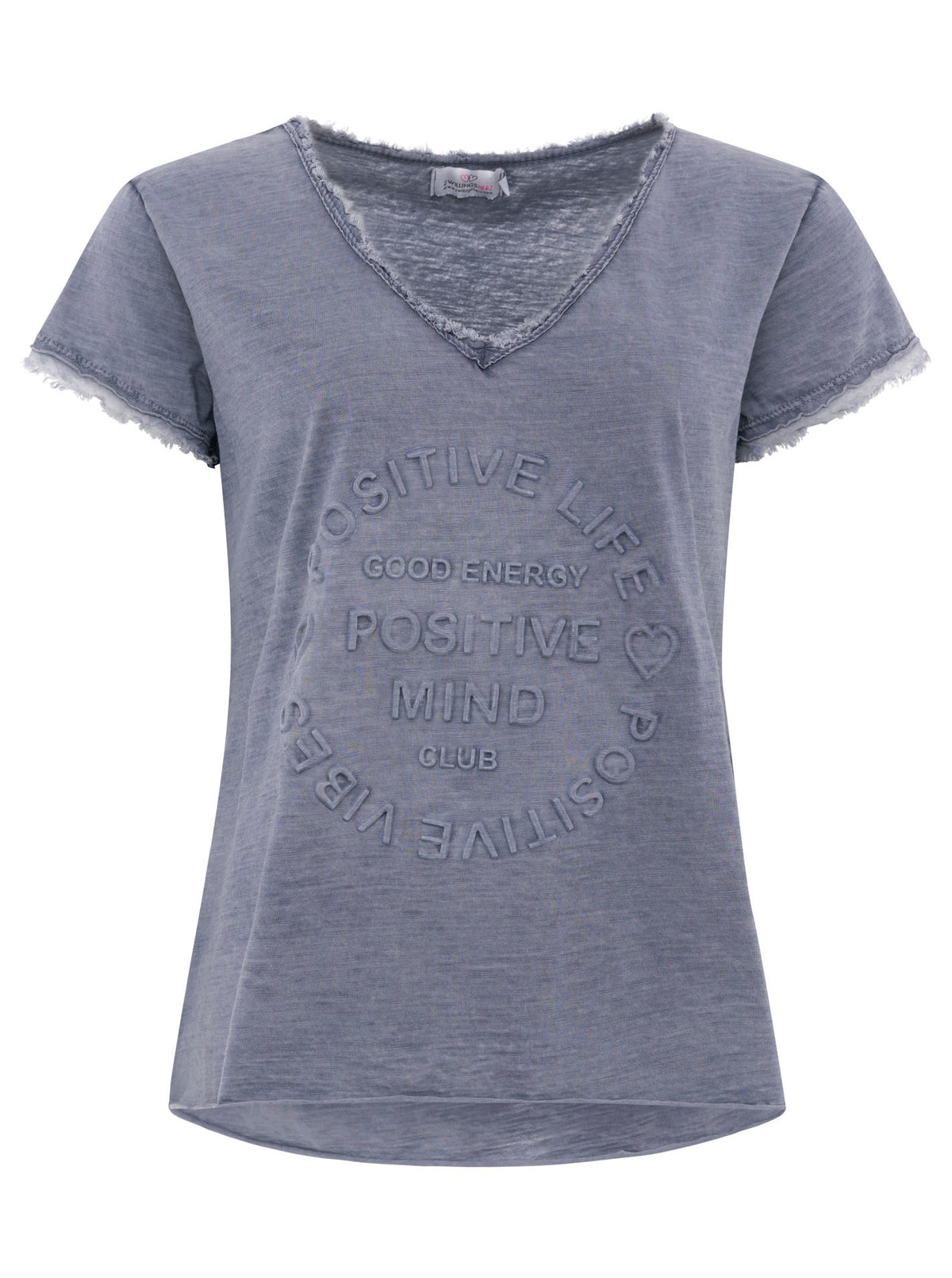 Zwillingsherz Damen T-Shirt mit beigem Schriftzug ‚Positive Mind‘, dunkelblau, Vorderansicht