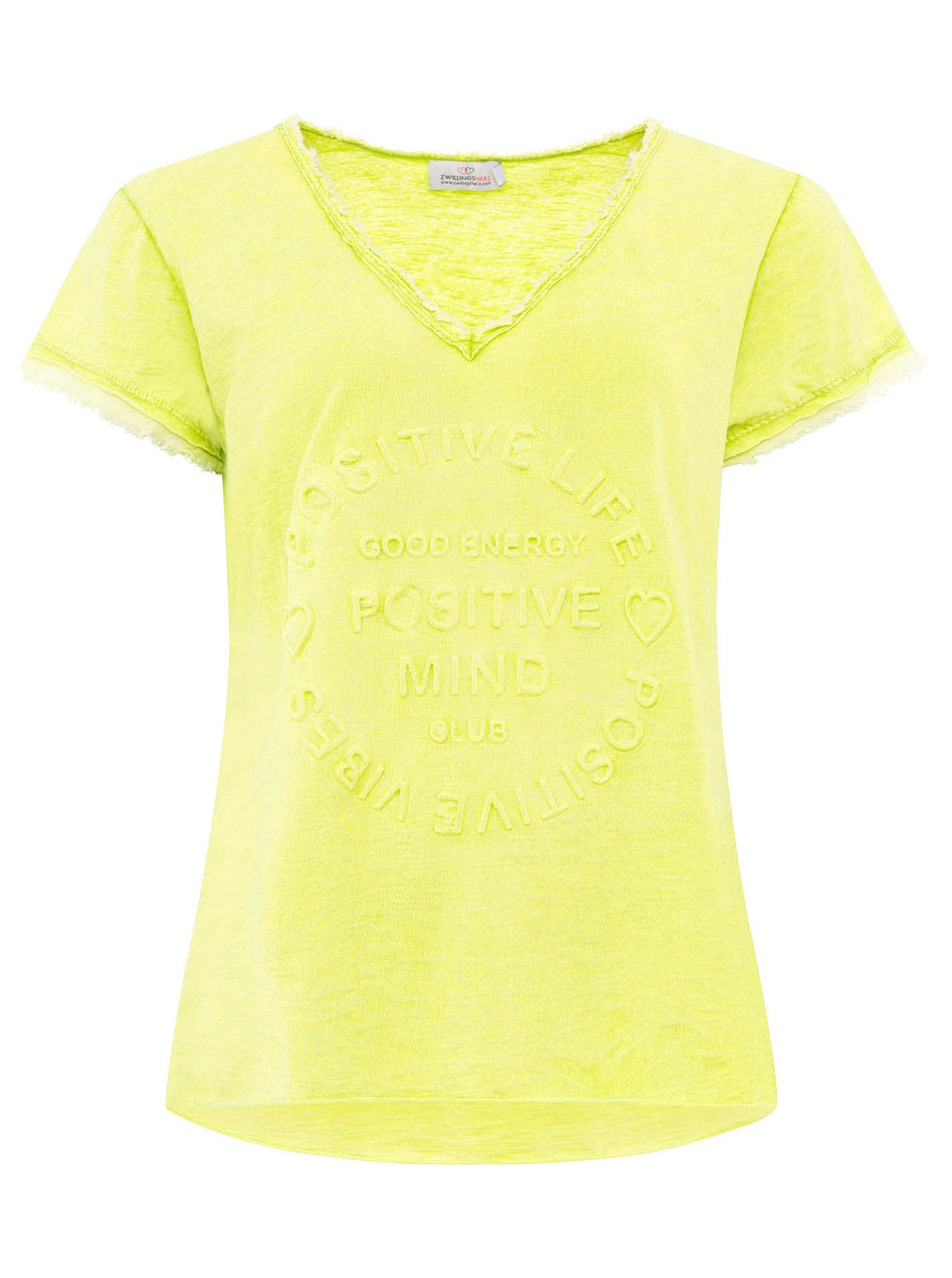 Zwillingsherz Damen T-Shirt mit beigem Schriftzug ‚Positive Mind‘, Gelb, Vorderansicht