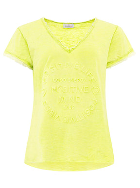 Zwillingsherz Damen T-Shirt mit beigem Schriftzug ‚Positive Mind‘, Gelb, Vorderansicht