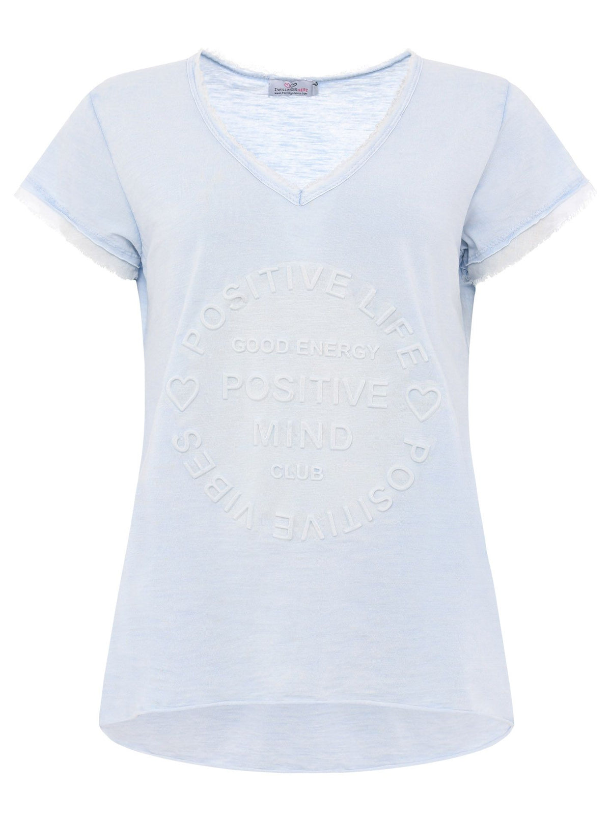 Zwillingsherz Damen T-Shirt mit beigem Schriftzug ‚Positive Mind‘, Hellblau, Vorderansicht