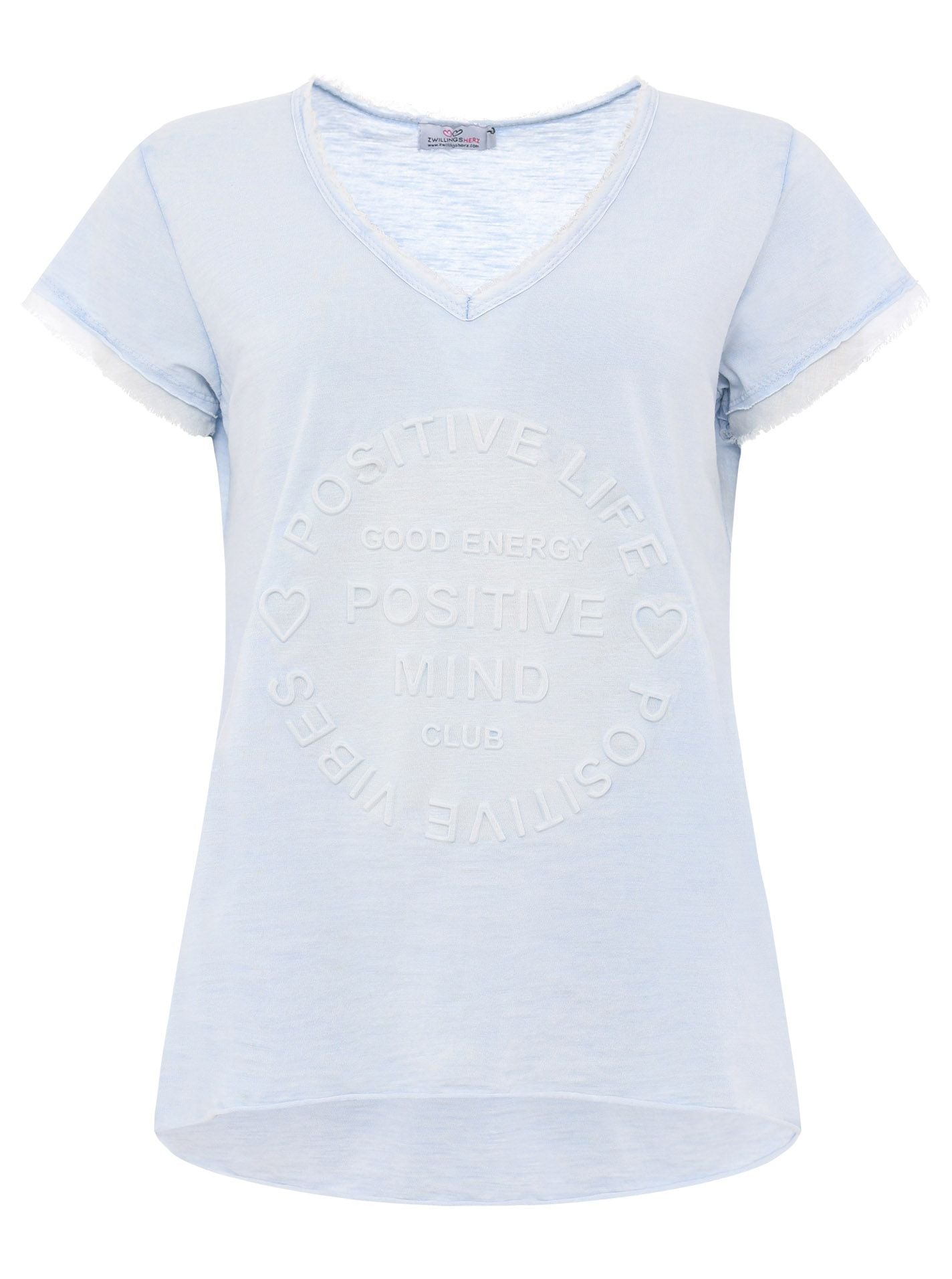 Zwillingsherz Damen T-Shirt mit beigem Schriftzug ‚Positive Mind‘, Hellblau, Vorderansicht