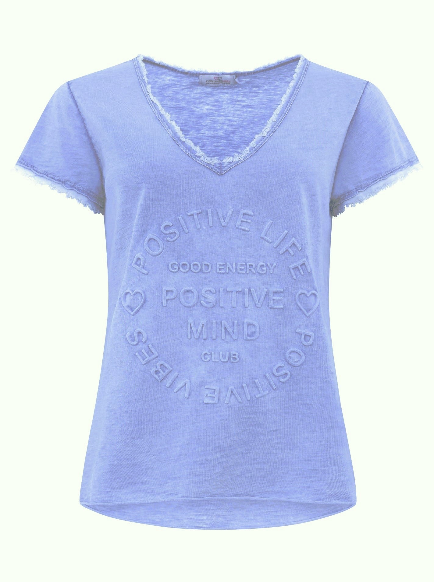 Zwillingsherz Damen T-Shirt mit beigem Schriftzug ‚Positive Mind‘, Jeansblau, Vorderansicht
