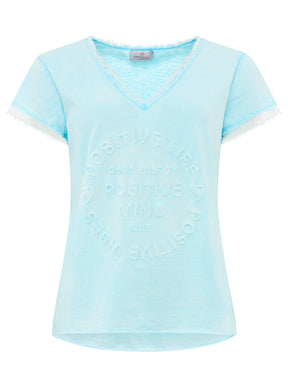 Zwillingsherz Damen T-Shirt mit beigem Schriftzug ‚Positive Mind‘, Türkis, Vorderansicht