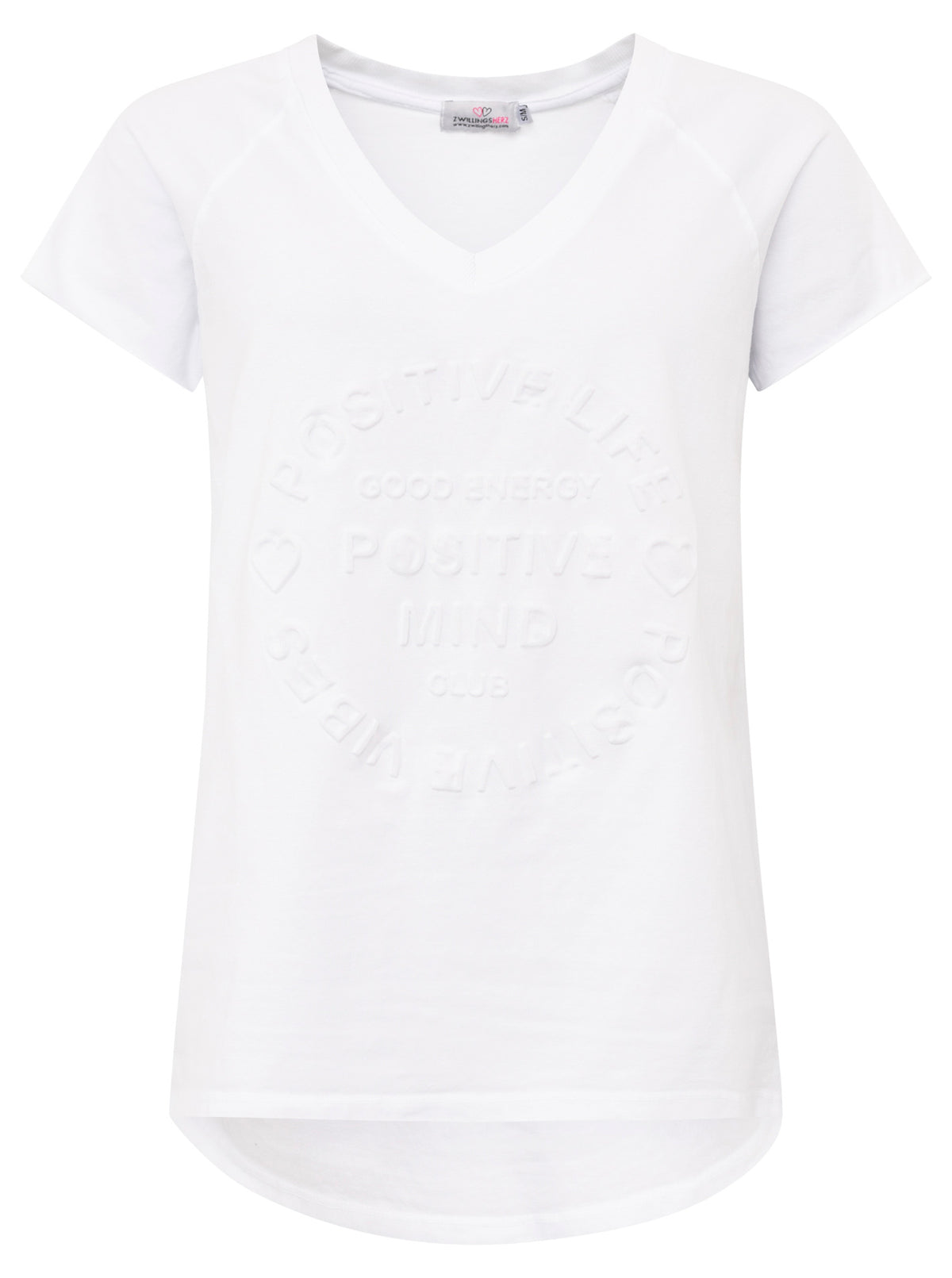 Zwillingsherz Damen T-Shirt V-Ausschnitt Weiß mit Aufdruck Positive Mind – Sommer T-Shirt 2025