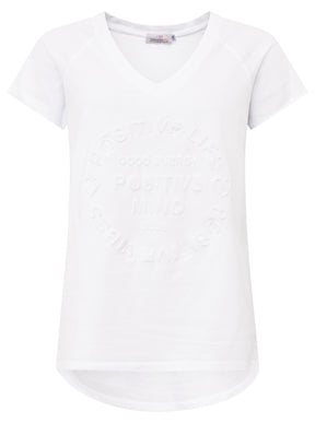 Zwillingsherz Damen T-Shirt V-Ausschnitt Weiß mit Aufdruck Positive Mind – Sommer T-Shirt 2025