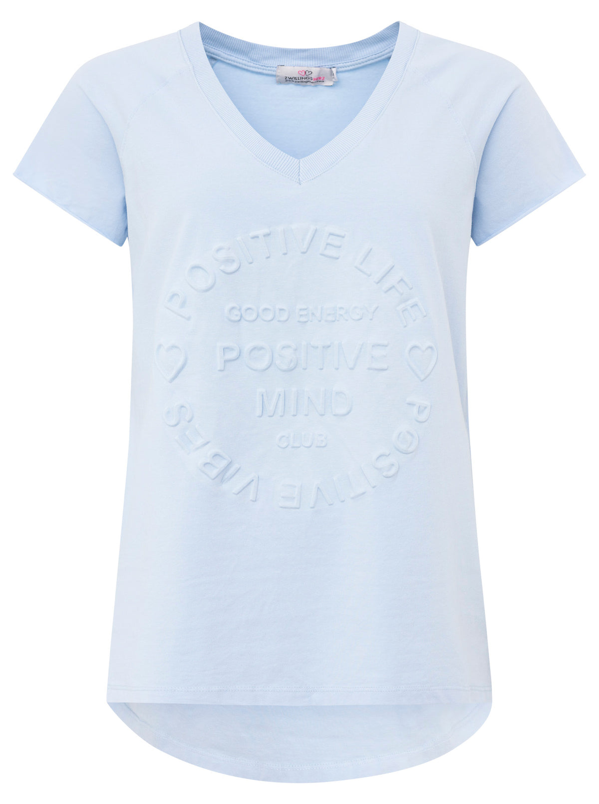 Zwillingsherz Damen T-Shirt V-Ausschnitt Hellblau mit Aufdruck Positive Mind – Sommerlook 2025