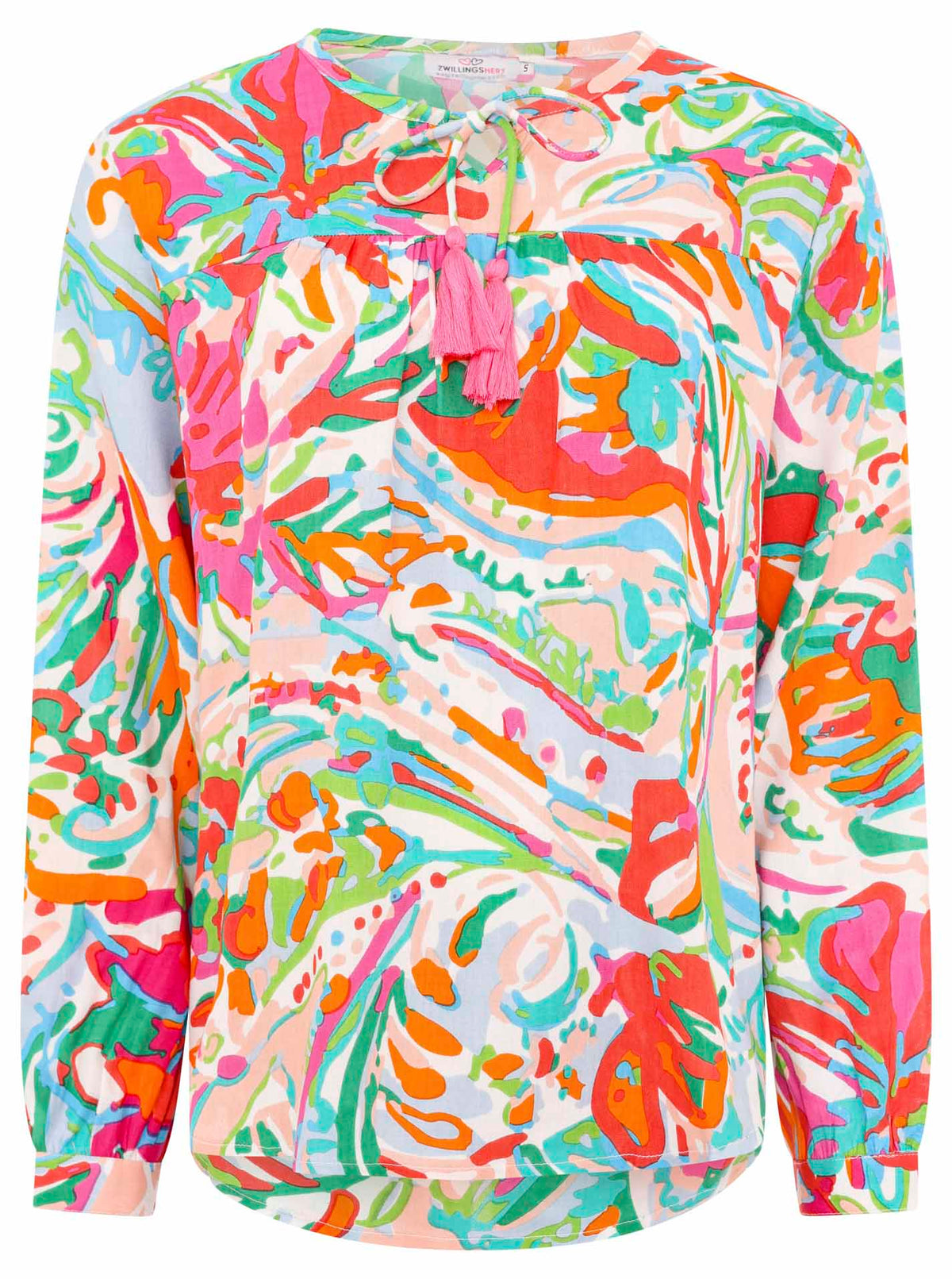 Zwillingsherz Bluse Bunter Dschungel in Orange, Grün und Pink mit farbenfrohem Muster Vorderansicht