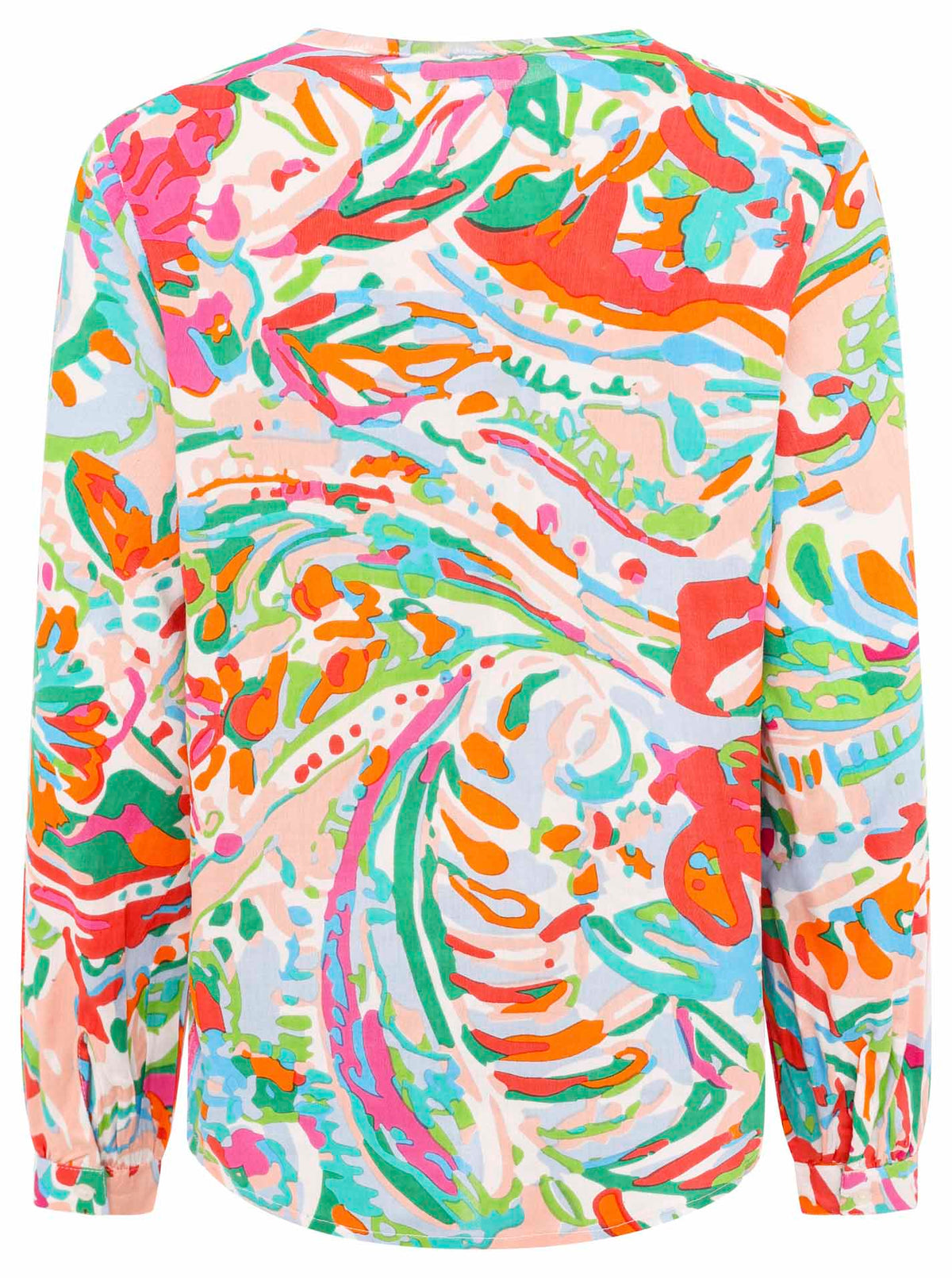Zwillingsherz Bluse Bunter Dschungel in Orange, Pink und Grün mit farbenfrohem Muster Vorderansicht