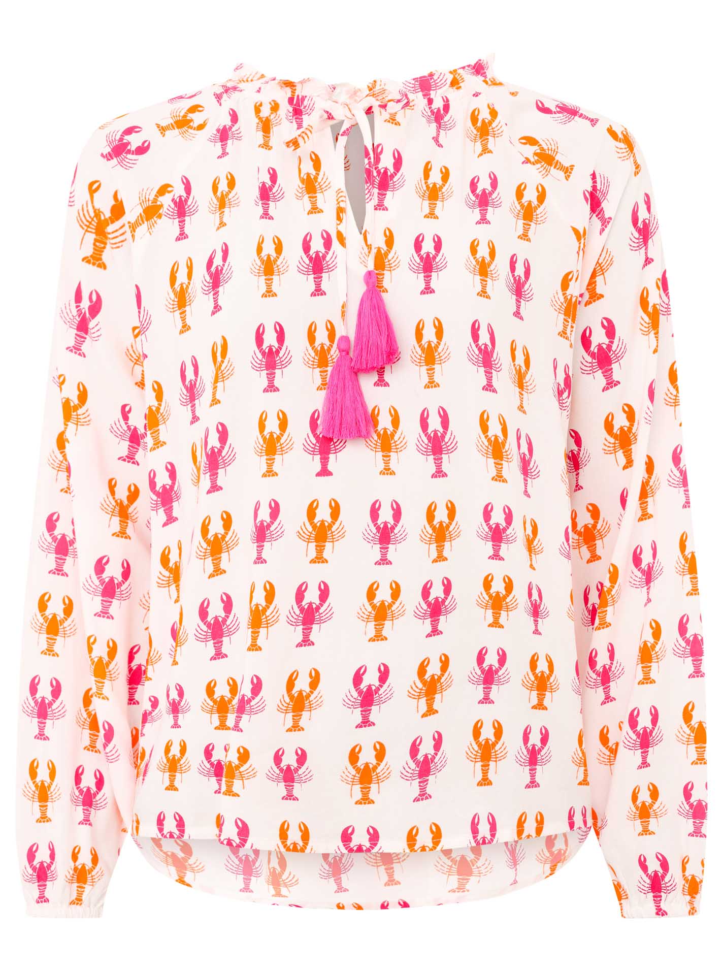 Zwillingsherz Bluse mit Hummer-Muster in Weiß-Orange, Vorderansicht