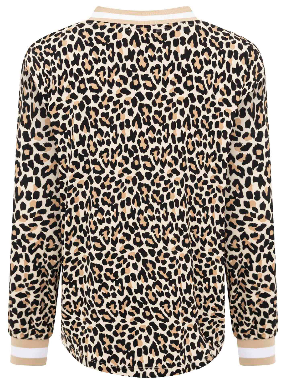 Rückansicht des Zwillingsherz Blusenshirts mit V-Ausschnitt – Leo-Print in Beige-Weiß, leicht taillierter Schnitt, weich fallender Stoff