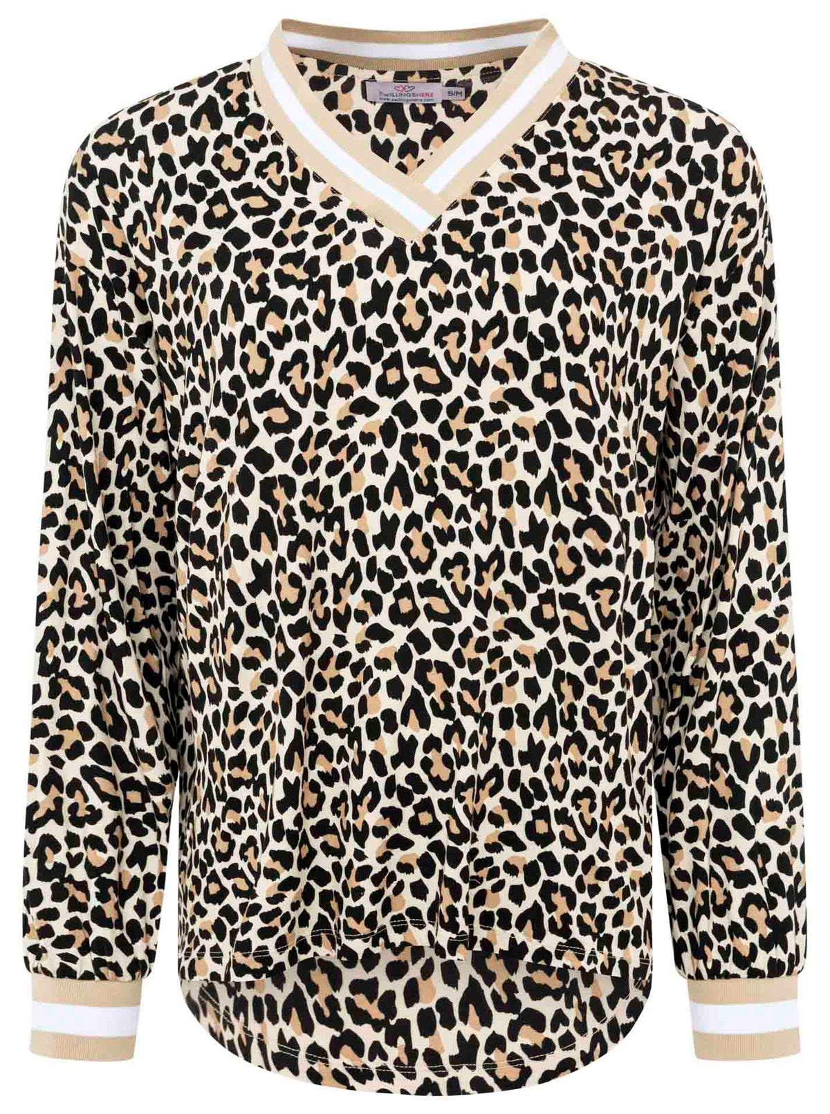 Zwillingsherz Blusenshirt mit V-Ausschnitt in Leo-Print Beige-Weiß – Vorderansicht, fließender Stoff, femininer Look