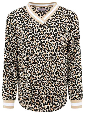 Zwillingsherz Blusenshirt mit V-Ausschnitt in Leo-Print Beige-Weiß – Vorderansicht, fließender Stoff, femininer Look