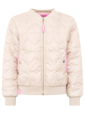 Zwillingsherz Stepp-Bomberjacke Be Happy in Hellbeige, Frontansicht mit herzförmigem Steppmuster und pinken Kontrastdetails