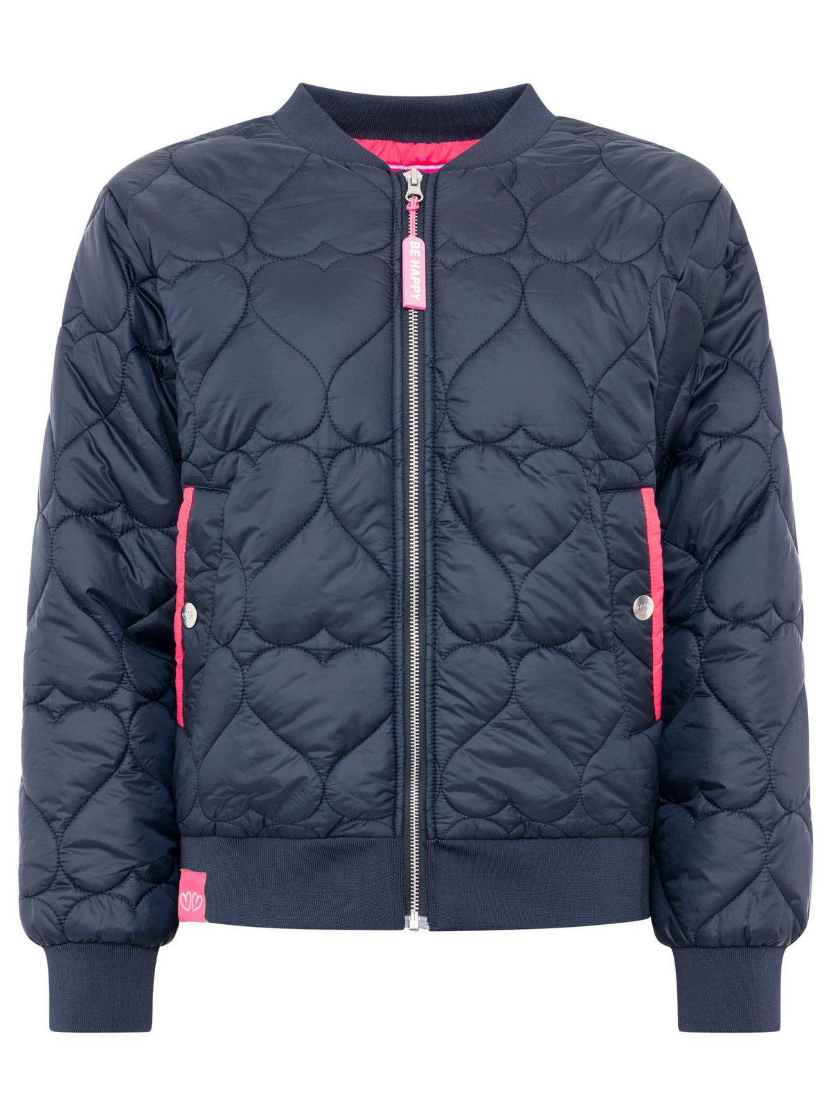 Zwillingsherz Stepp-Bomberjacke Be Happy in Marine, Frontansicht mit herzförmigem Steppmuster und pinken Akzenten